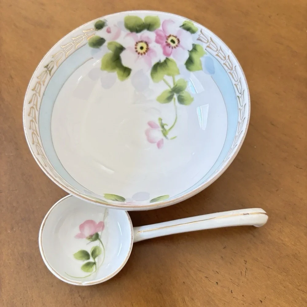 Antique Nippon Hand Painted Floral Footed Bowl w Ladle Berry Set 1900s Gold Trim